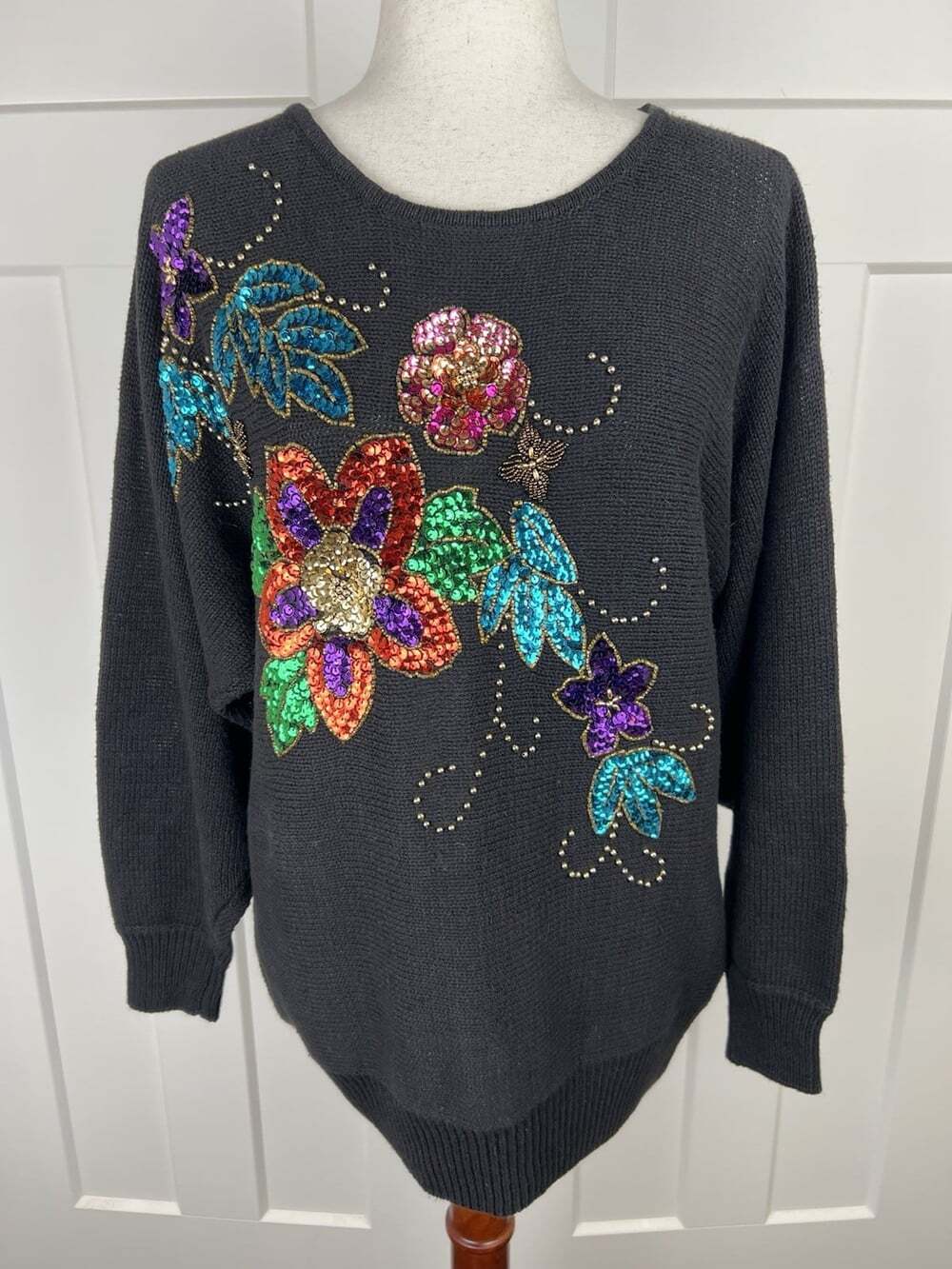 Vintage Victoria Jones Sweater M Sequin Beaded Floral Black Holiday Statement